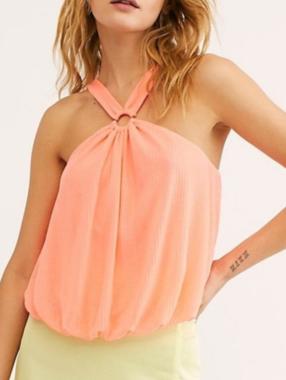 Free People Just A Fling Coral Electric Halter Ring Ribbed Bubble Top Size Large